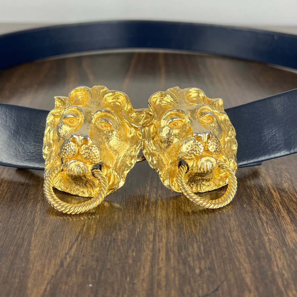 🌿SOLD🌿 Vintage 1974 Gold Brass Lion’s Head Knocker Blue Leather Waist Belt 🦁 - Picture 5 of 7